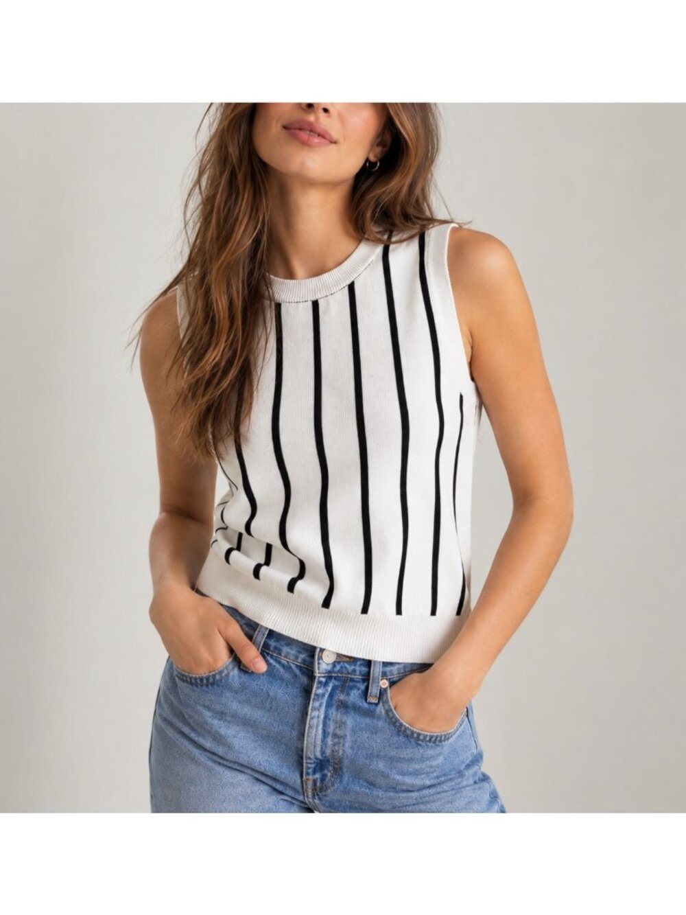 J.O.A. Los Angeles Black White Stripe Sleeveless Minimalist Knit Sweater